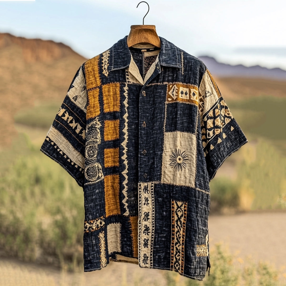 Men's Retro Patchwork Contrast Color Linen Shirt elevenforest