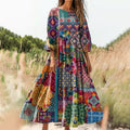 Women's Vintage Irregular Pattern Art Print Cotton Round Neck Dresses