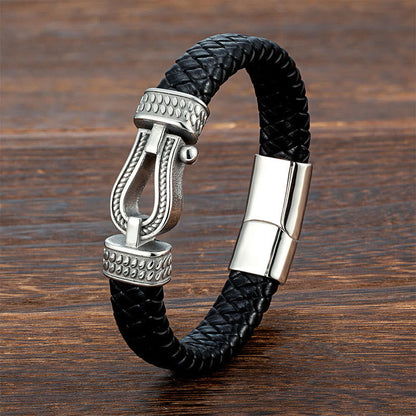 Buddha Stones Leather Horseshoe-shaped Titanium Steel Balance Braided Magnetic Buckle Bracelet
