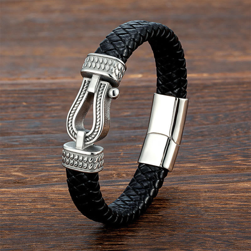 Buddha Stones Leather Horseshoe-shaped Titanium Steel Balance Braided Magnetic Buckle Bracelet