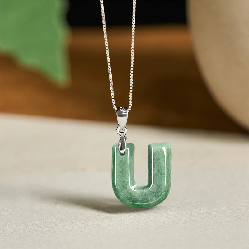 Buddha Stones Natural A-z Letter Jade 925 Sterling Silver Silm Chain Prosperity Necklace Pendant