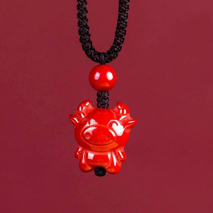 Buddha Stones Year of the Horse Chinese Zodiac Engraved Design Cinnabar Blessing Rope Necklace Pendants