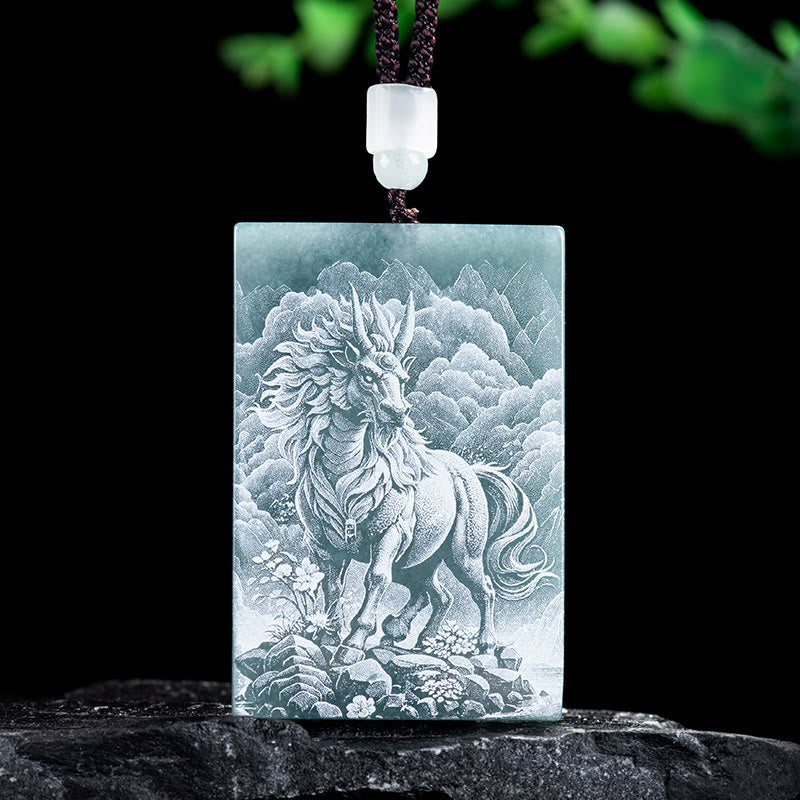 Buddha Stones Year of the Horse Chinese Zodiac Engraving Jade Abundance Necklace Pendants