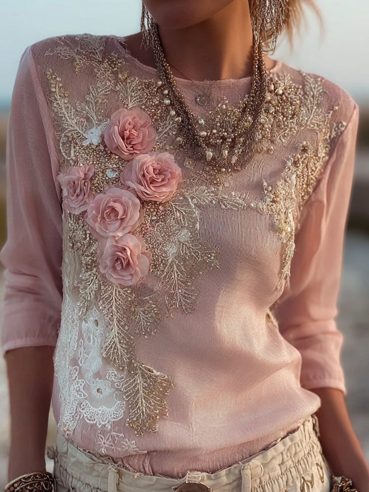 Elegant Boho Roses Embroidered Lace Comfy Linen Shirt elevenforest