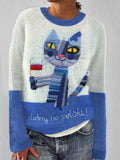 Raise Your Glass To The Cat Knit Crew Neck Cozy Sweater elevenforest