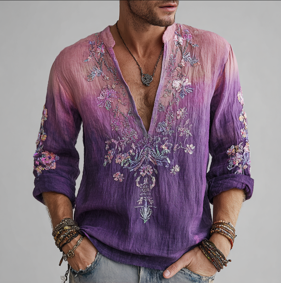 Men's Bohemian Style Purple Gradient Flower And Grass Embroidery Pattern Retro Cotton And Linen Short-sleeve Shirt elevenforest