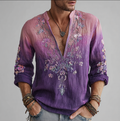 Men's Bohemian Style Purple Gradient Flower And Grass Embroidery Pattern Retro Cotton And Linen Short-sleeve Shirt elevenforest