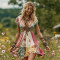 Women's Vintage Boho Floral Art Patchwork Comfy Midi Dress elevenforest
