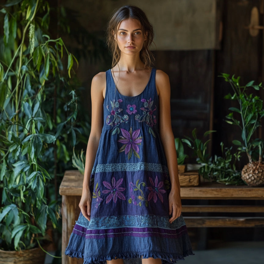 Vintage Bohemian Floral Embroidery Linen Mini Dress elevenforest