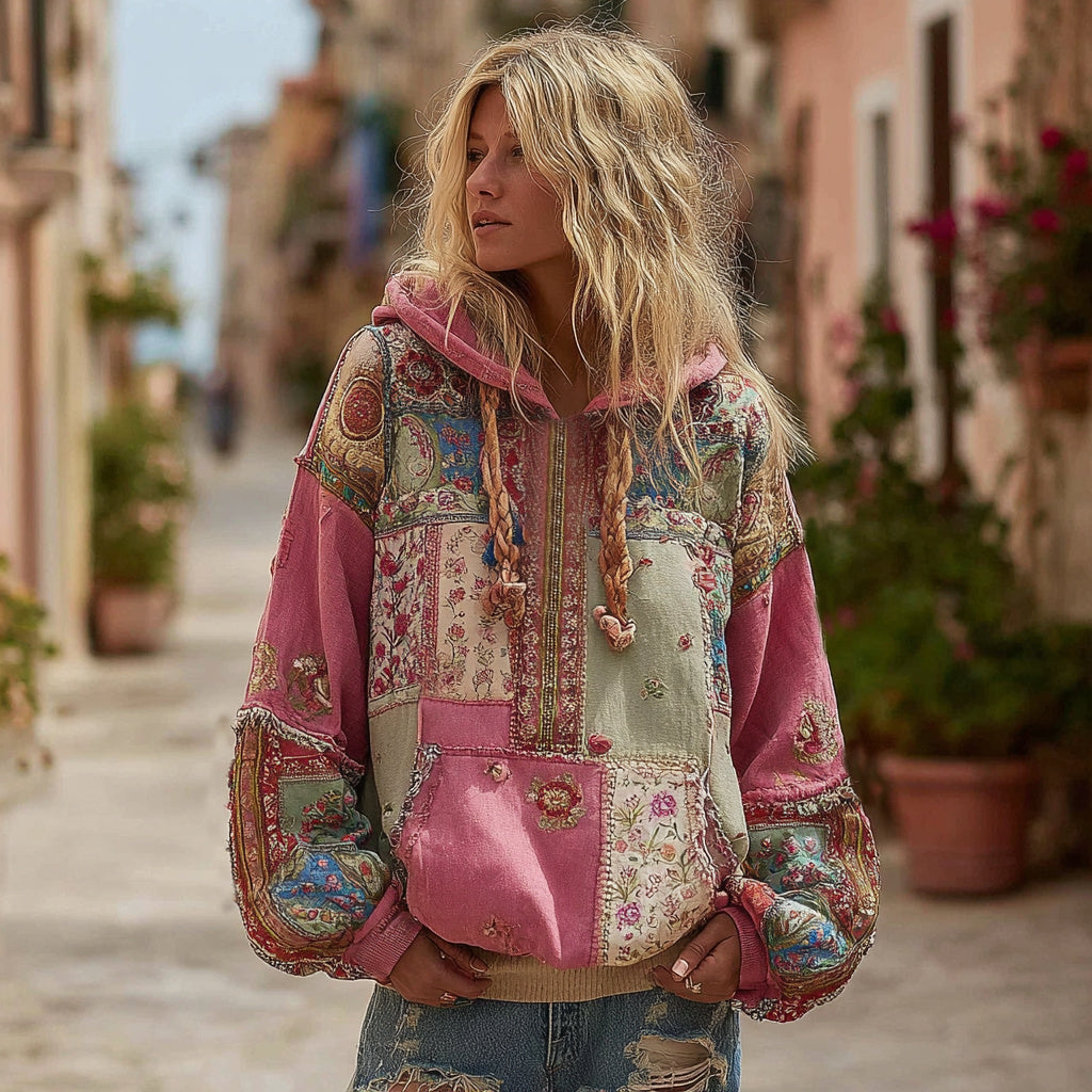 Women's Bohemian Floral And Ethnic Pattern Patchwork Cozy Warm Hoodie elevenforest
