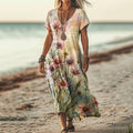 Comstylish Vintage Daisy Print V-neck Short Sleeved Linen Blend Midi Dress