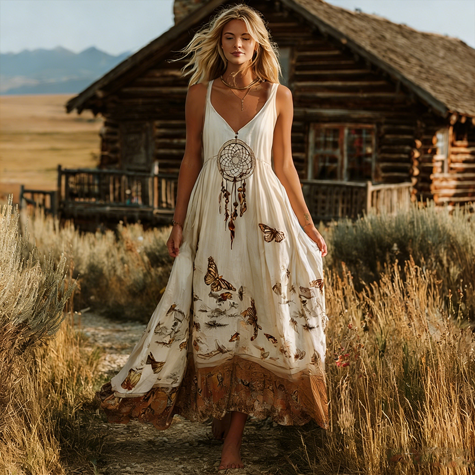 Bohemian Style Dream Catcher And Butterfly Element Women's Dress elevenforest