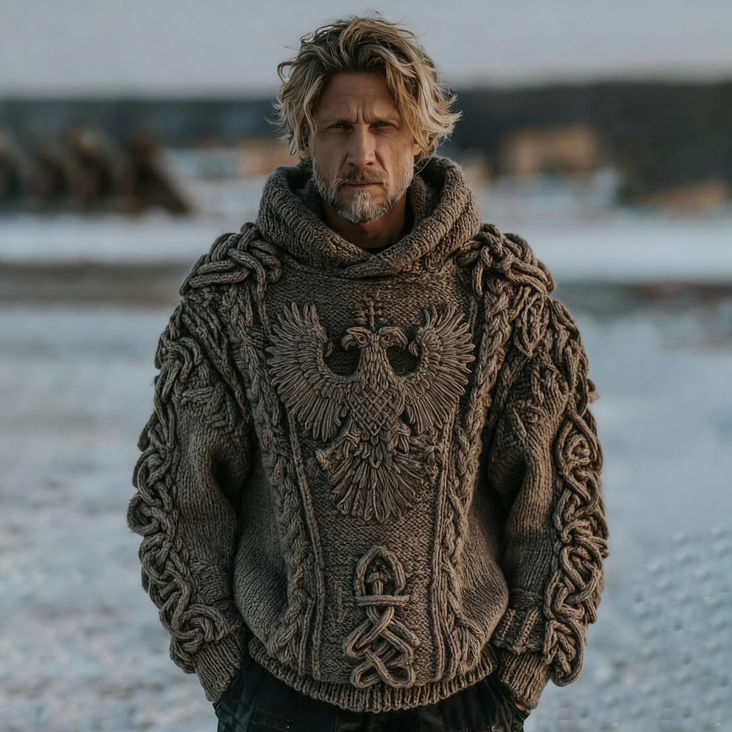 Men's Vintage Viking Eagle Art Cozy Knit Hooded Sweater artswardrobe