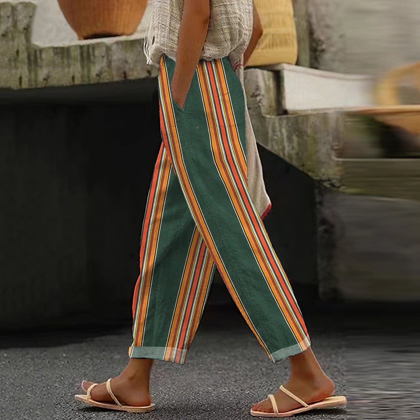 Comstylish Women's Vintage Stripe Art Linen Casual Pants