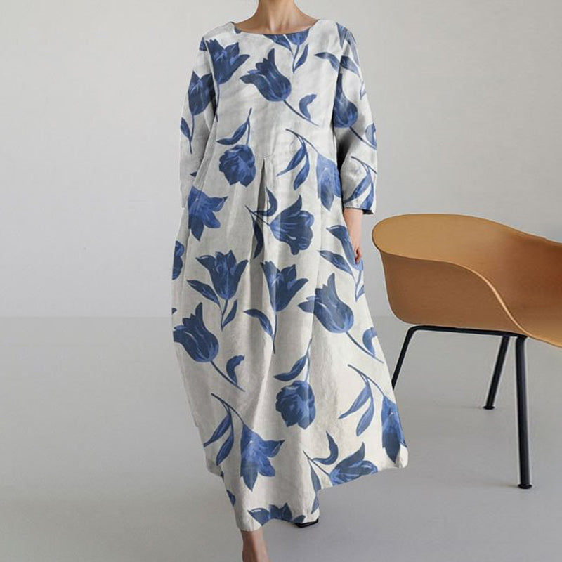 Vintage Floral Print Long Sleeve Loose Dress elevenforest