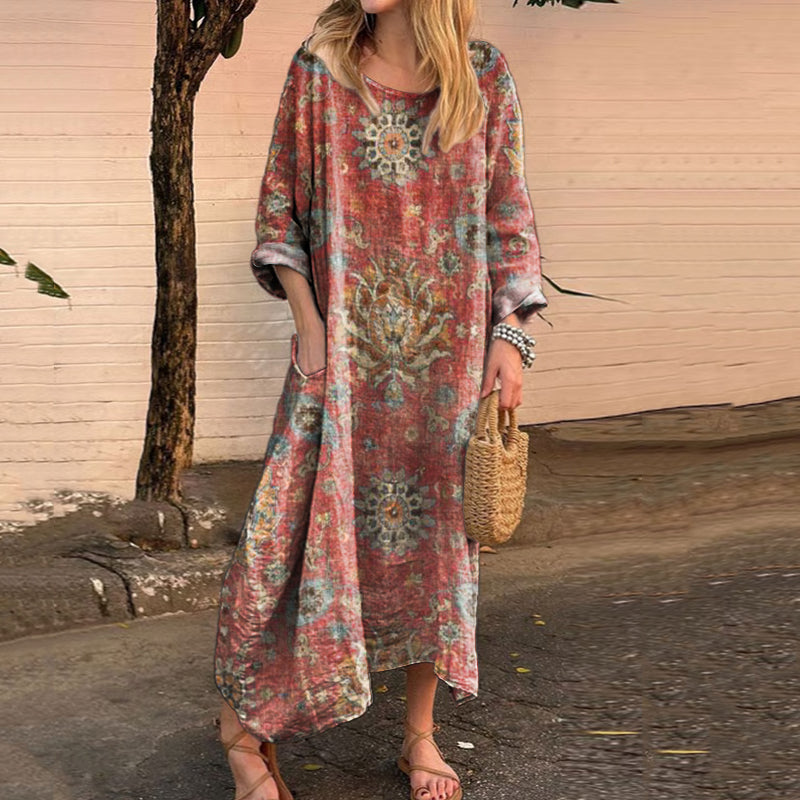 Women's Retro Ethnic Totem Art Print Comfortable Cotton Dress elevenforest