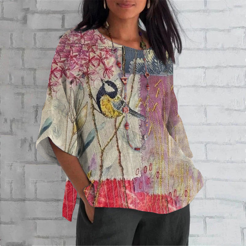 Comstylish Women's Boho Flowers And Birds Patchwork Art Loose Crew Neck Tops