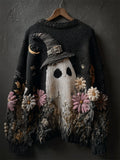 Comstylish Halloween Lovely Witch Hat Ghost Floral Cozy Knit Sweater