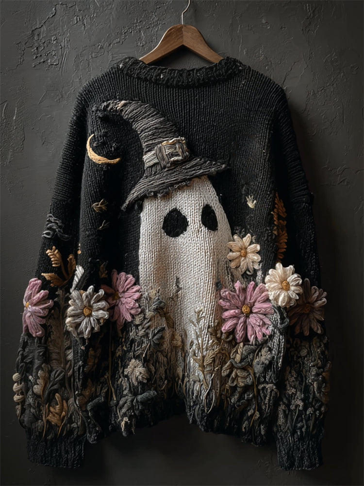 Halloween Lovely Witch Hat Ghost Floral Cozy Knit Sweater elevenforest
