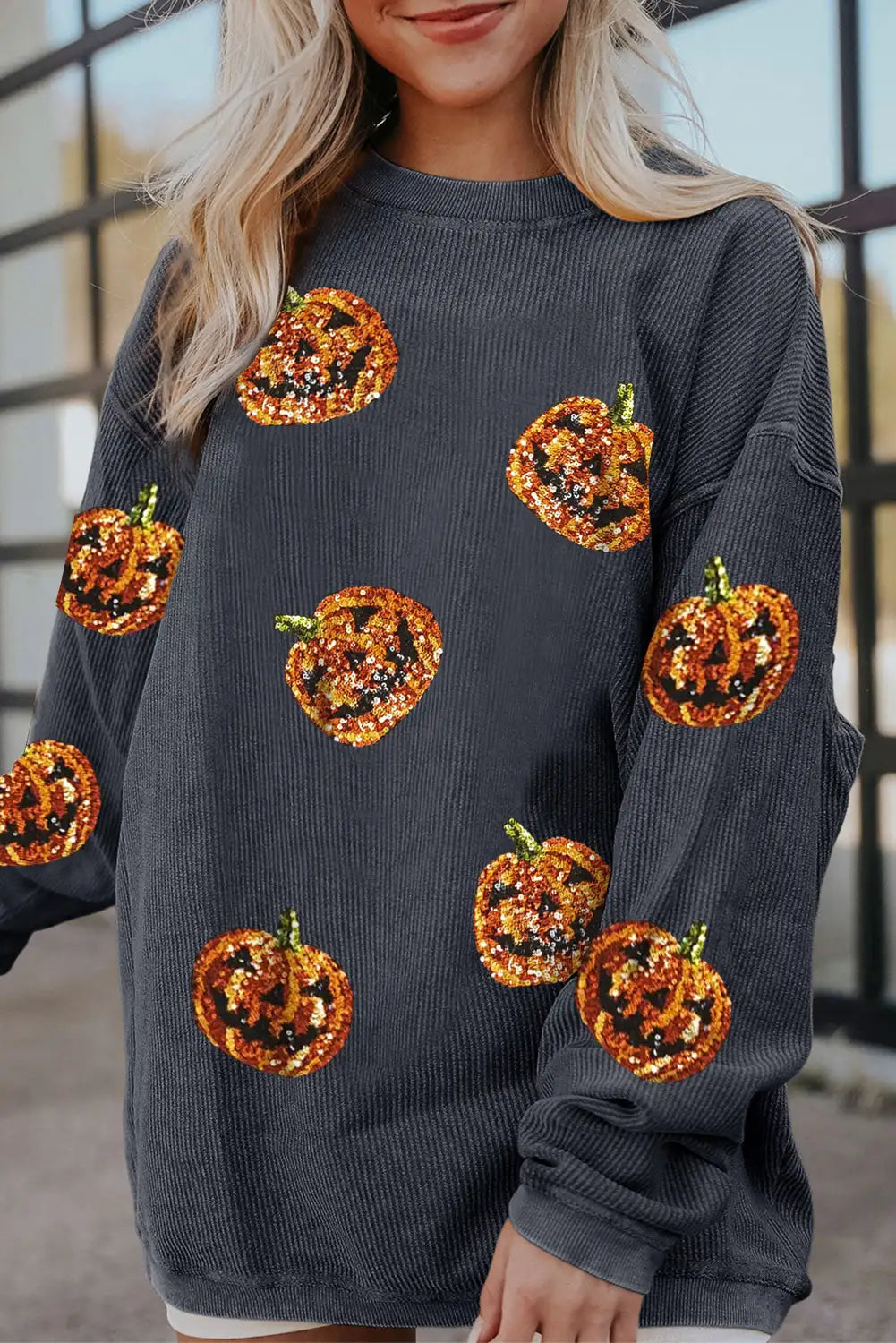 Glittering Dark Grey Pumpkin Corded Sweatshirt
