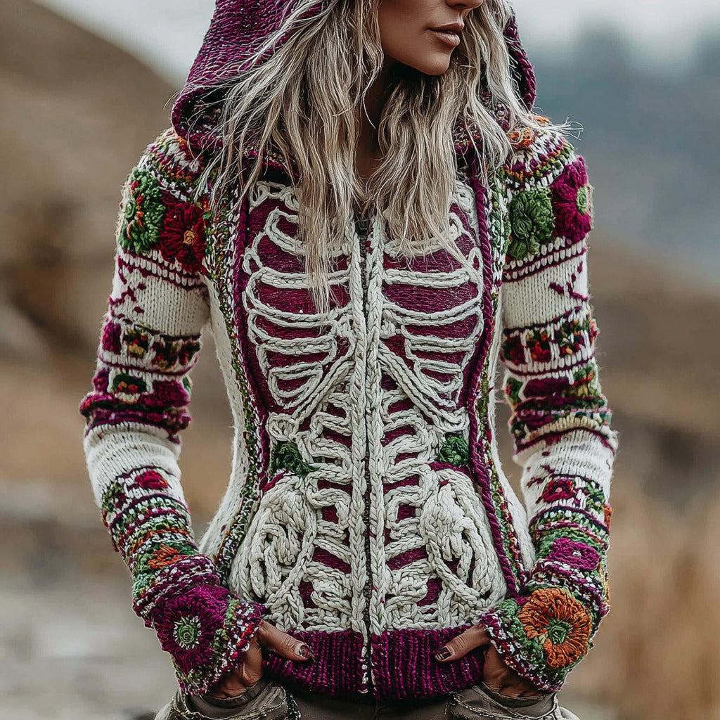 Comstylish Vintage Halloween Anatomy And Floral Art Thick Knit Zip-up Hooded Sweater