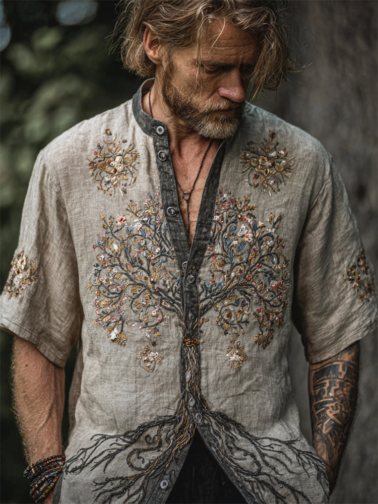 Men's Vintage Boho Floral Tree Of Life Embroidered Linen Shirt elevenforest