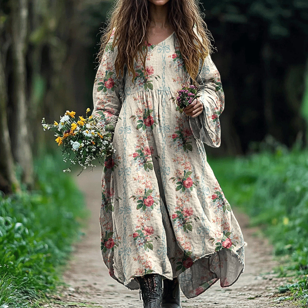Vintage Floral Print Linen Blend Midi Dress elevenforest