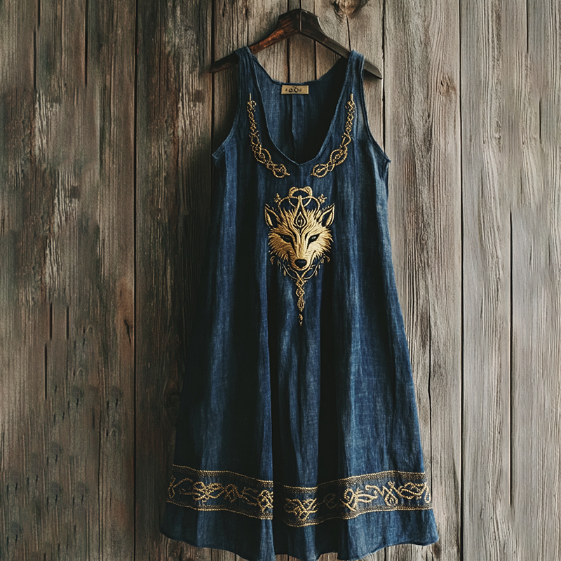 Viking Wolf Pattern V-neck Tank Midi Dress elevenforest