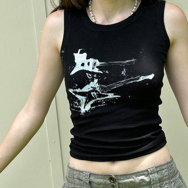 2000s E-girl Print Sleeveless Tank Top Summer Y2k Ribbed Grunge Crop Top Harajuku Vest Tee Street Black Top