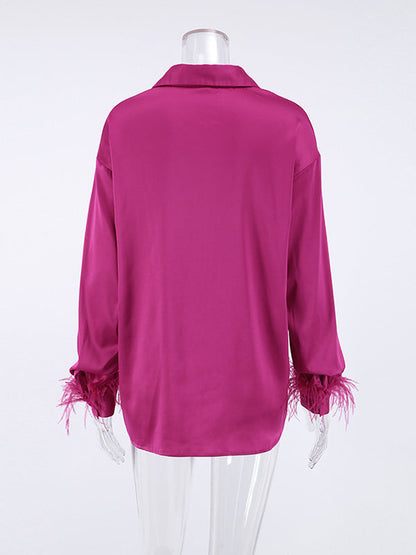 Loose Wrap Feathers Color Split-joint Lapel Collar Blouses&shirts Tops