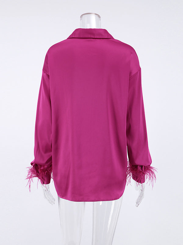 Loose Wrap Feathers Color Split-joint Lapel Collar Blouses&shirts Tops