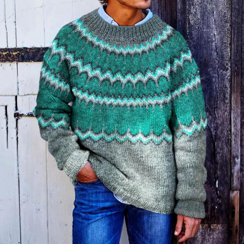 Men's Contrast Curved Jacquard Graphic Art Cozy Knit Sweater elevenforest