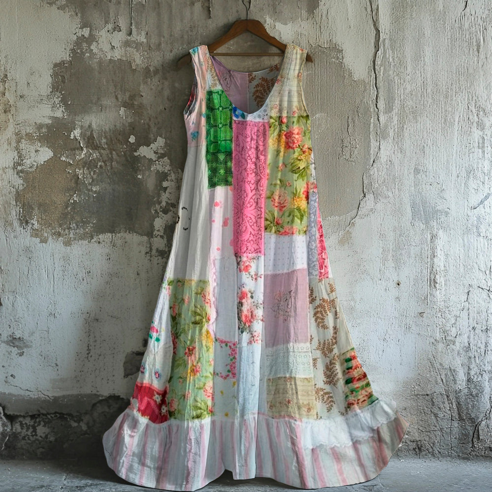 Boho Vintage Floral Women's Linen Vest Maxi Dress elevenforest
