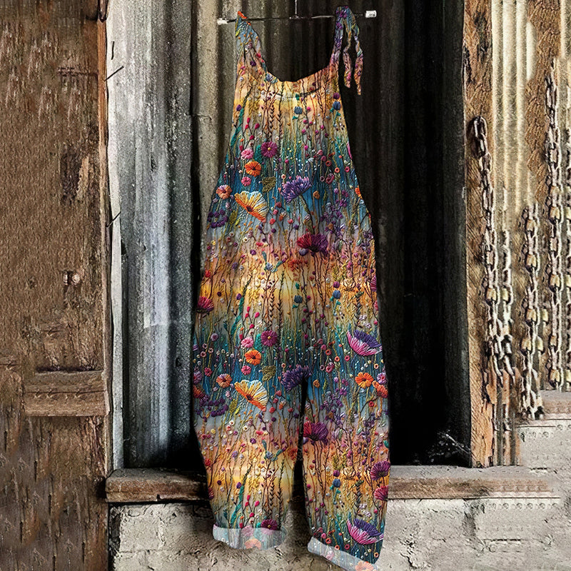 Women's Vintage Gradient Flowers Embroidered Linen Jumpsuit elevenforest