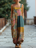 Bohemian Style Plant Flower Pattern Color Block Women's Loose Overalls elevenforest