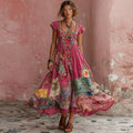 Women's Bohemian Floral Embroidery Art Round Neck Short Sleeve Midi Dress elevenforest