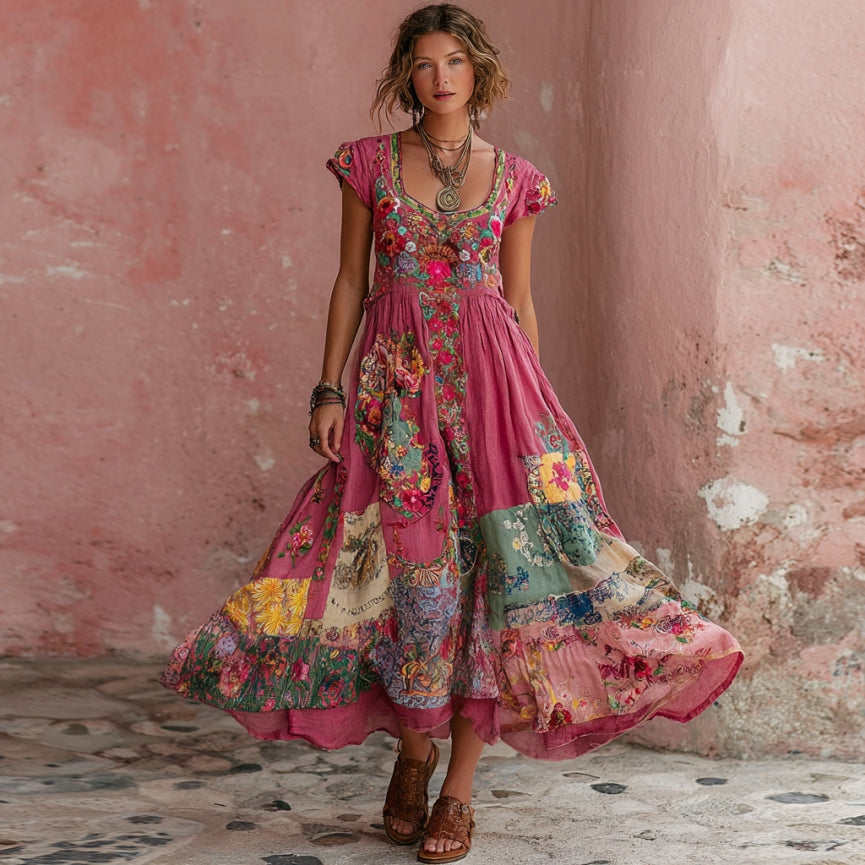 Women's Bohemian Floral Embroidery Art Round Neck Short Sleeve Midi Dress elevenforest