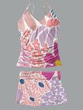 V-Neck Vintage Flowers Print Suspender Skirt Tankini Pantskirt Set Swimsuit