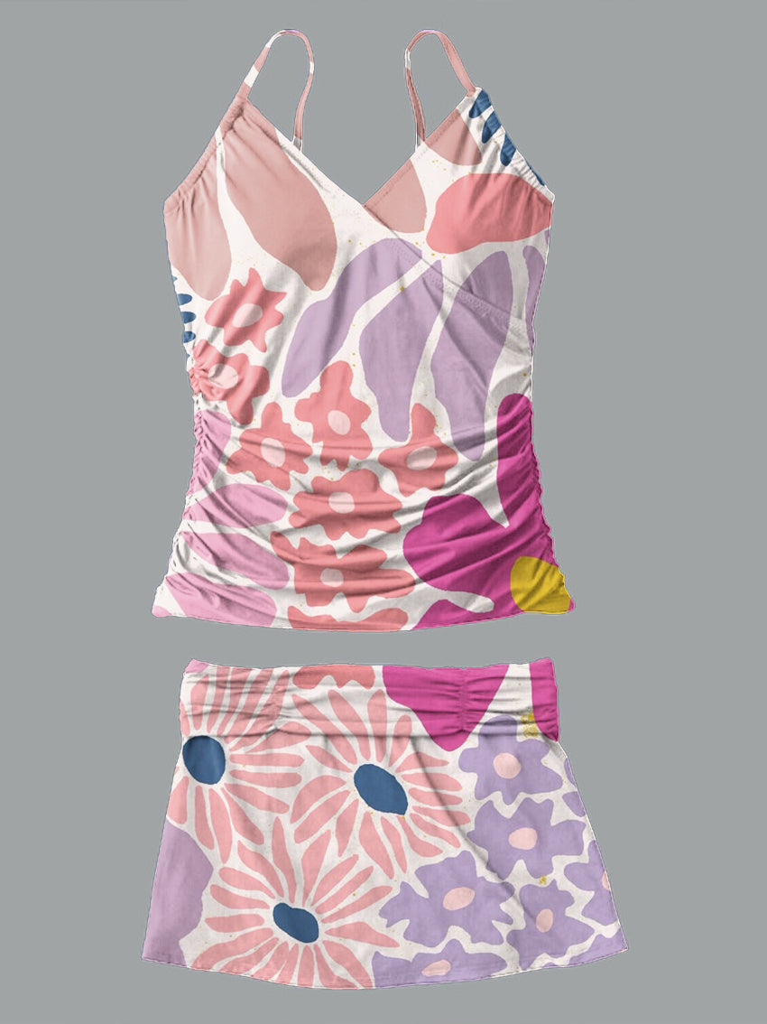 V-Neck Vintage Flowers Print Suspender Skirt Tankini Pantskirt Set Swimsuit