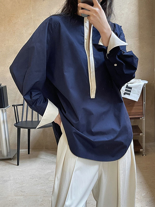 Urban Long Sleeves Loose Contrast Color Round-neck Blouses&shirts Tops
