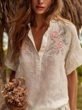 Ladies' Rose Three Dimensional Casual Retro Linen V-neck Short Sleeved Top elevenforest