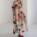 Comstylish Japanese Style Floral Art Linen Maxi Dress