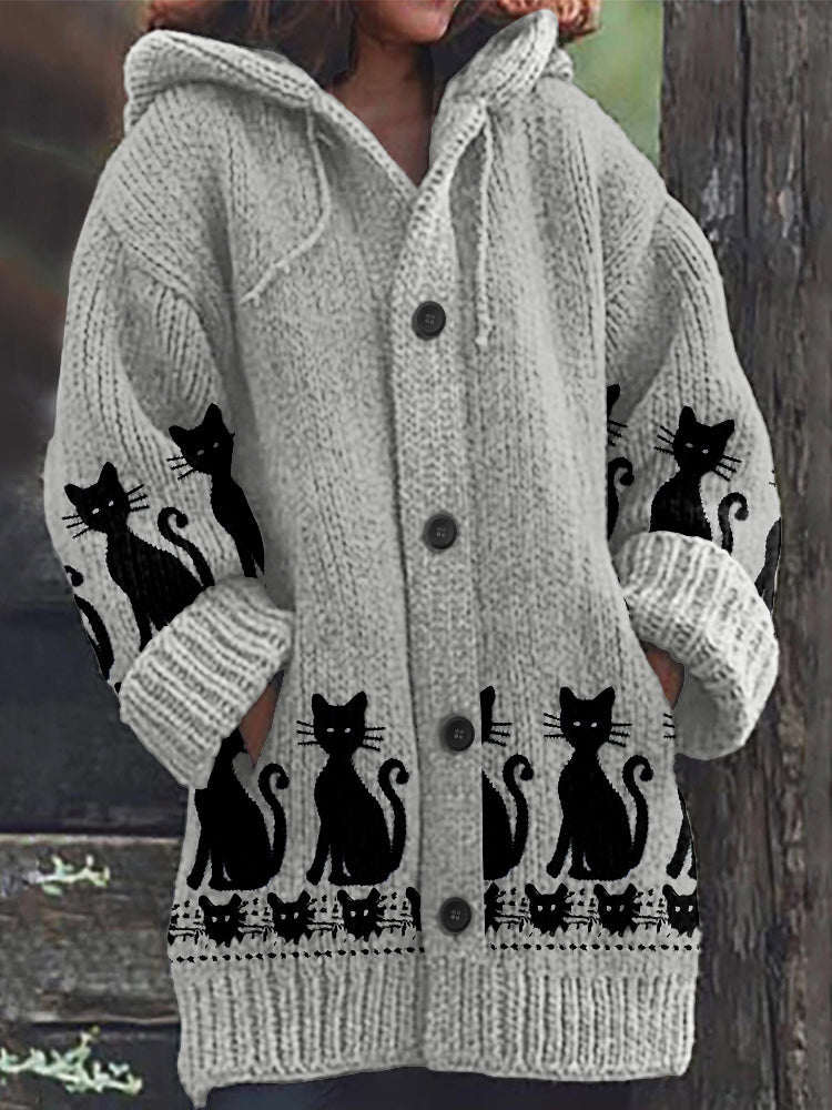 Comstylish Vintage Black Cat Art Print Cozy Button Sweater