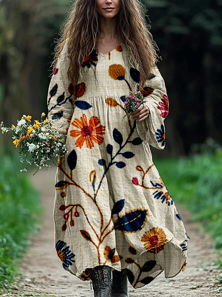 Boho Flowers Embroidered Linen Blend Maxi Dress elevenforest