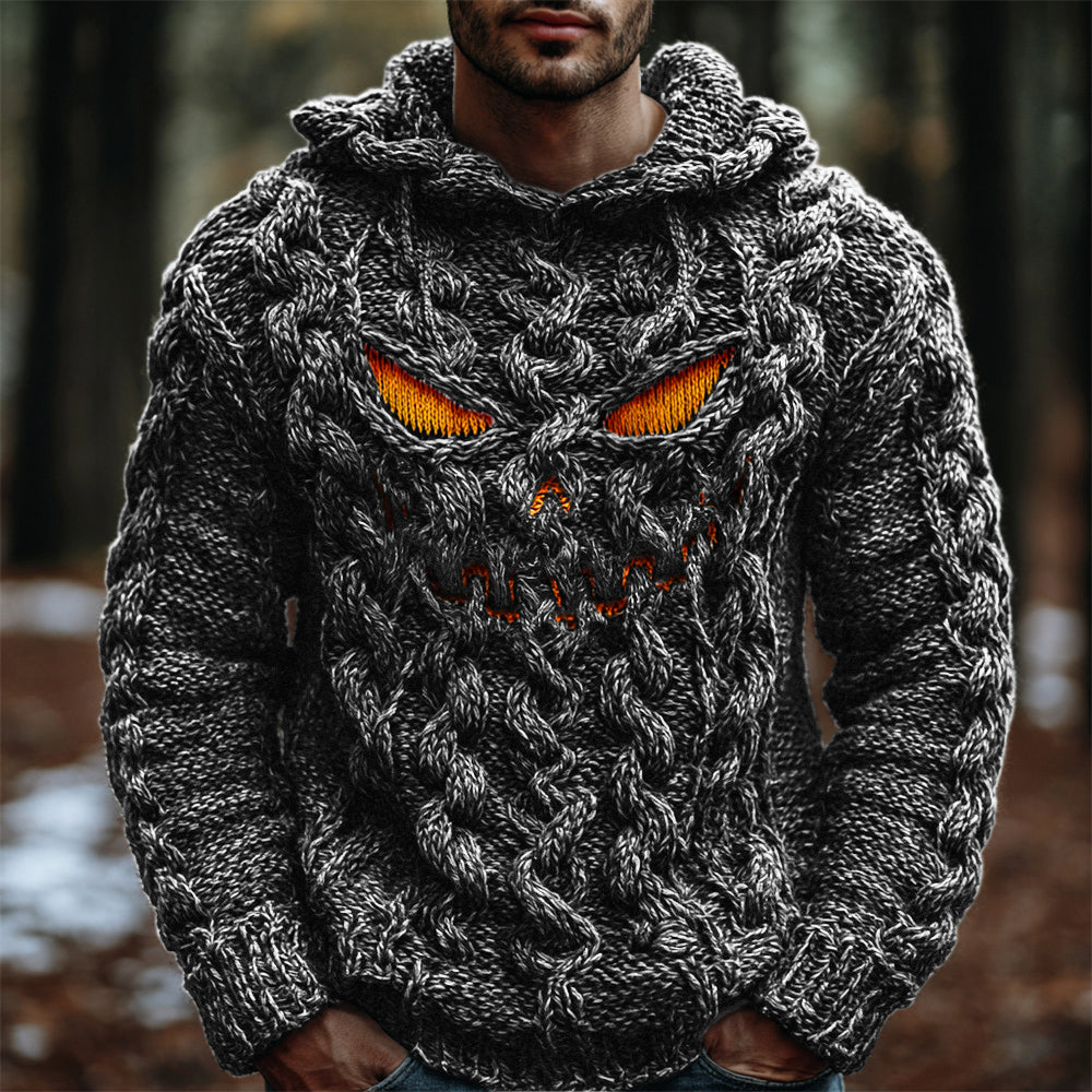 Halloween Evil Pumpkin Emoji Men's Chunky Knit Hooded Sweater elevenforest