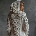 Vintage White Roses Viking Celtic Skull Hooded Cozy Knit Cardigan elevenforest