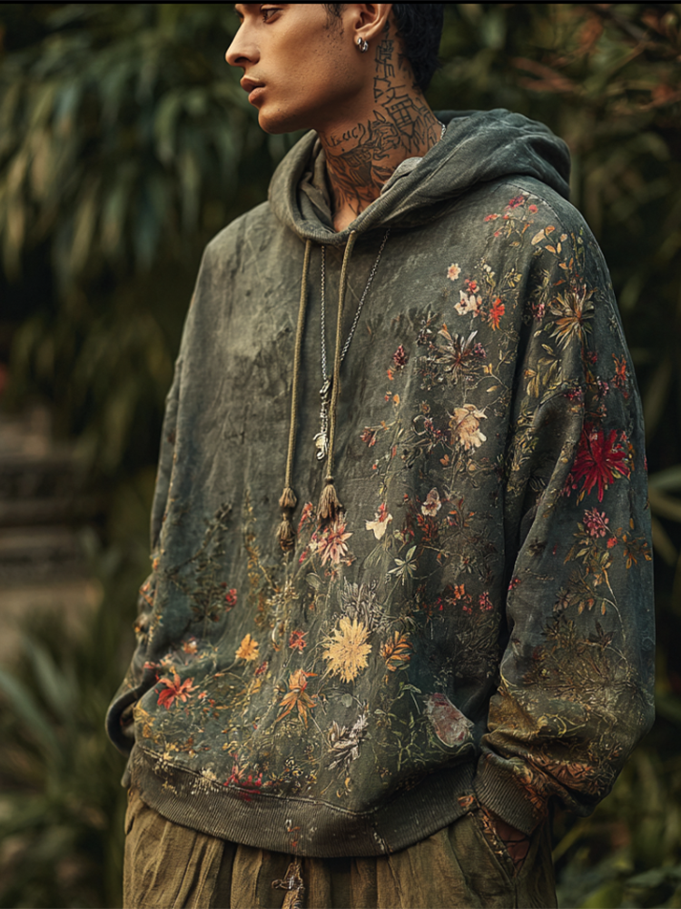 Bohemian Style Plant And Flower Pattern Men's Hooded Sweatshirt elevenforest
