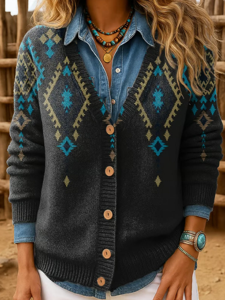 Women's Western Retro Pattern Print Casual Cardigan elevenforest