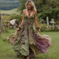 Vintage Floral Embroidery Linen Maxi Dress elevenforest