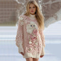 Women's Cute Cat Rose Pattern Knit Turtleneck Sweater Mini Dress elevenforest
